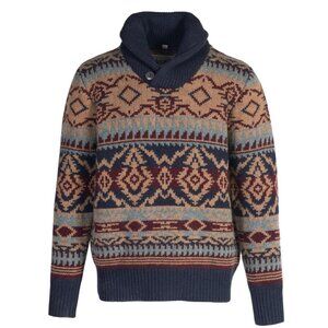 Schott Bros Fair Isle Southwestern Wool Sweater Sz.XL Shawl Collar Chunky Cabin